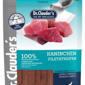 DR CLAUDER'S PERROS SNACK TRAINEE CONEJO 80G Snack de entrenamiento para perros.Dr. Clauder's snack para perros tiras es un snack hecho con 100% carne. Es ideal para la recompensa diaria y la formación. Secado al vapor, la carne conserva su sabor y aroma. Sin Azúcares añadidos.