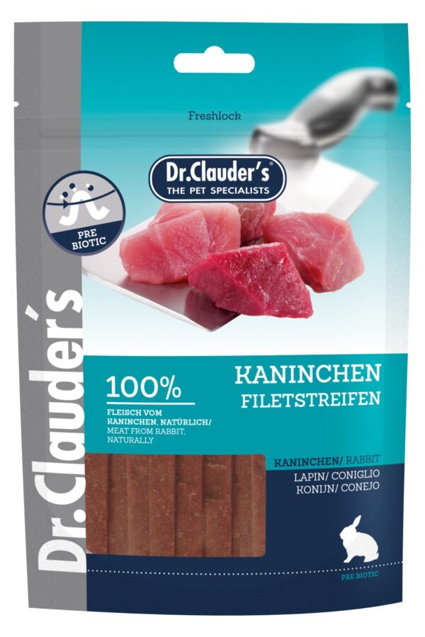 DR CLAUDER'S PERROS SNACK TRAINEE CONEJO 80G Snack de entrenamiento para perros.Dr. Clauder's snack para perros tiras es un snack hecho con 100% carne. Es ideal para la recompensa diaria y la formación. Secado al vapor, la carne conserva su sabor y aroma. Sin Azúcares añadidos.
