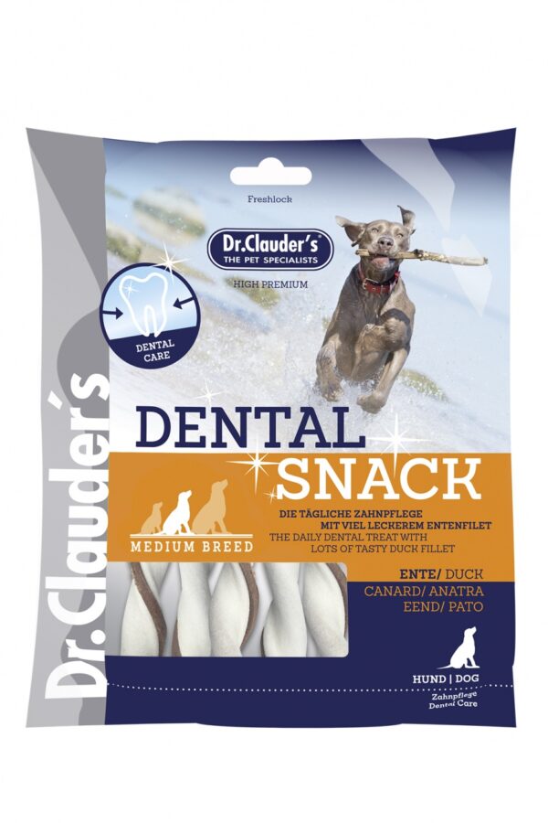 DR CLAUDER'S DOG SNACK DENTAL PATO Snack dental para perros medianos bolsa de 80gr. Es ideal para el cuidado dental diario. Elaborado con 100% carne y sin azúcares añadidos es ideal para la limpieza diaria de los dientes. Ingredientes: carne de pato 54,4%, cuero en crudo 43%, almidón de patata, inulina (FOS) 0,5%, cloruro de sodio, fosfato dicálcico. Componentes analíticos: proteína bruta 67,2%, grasa bruta 2,8%, fibra bruta 0,6%, cenizas brutas 4,9%, humedad 18%.