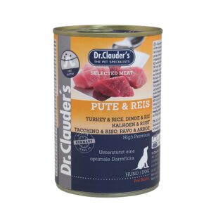 DR CLAUDER'S DOG WET SEL. PREBIOTICS PAVO Y ARROZ 400gr Alimentación húmeda para perros Dr. Clauder's Selected Meat selecciona la carne más sabrosa, hecha suavemente al vapor con sabor puro. La manera perfecta de alimentar a su perro correctamente. Con nuestra declaración del 100% en materias primas aptas de consumo humano y de primera calidad, garantizamos un producto hecho en Alemania, en el que usted puede confiar. Ingredientes: 41% pavo (carne magra, asadura), 20% de pato (carne magra, hígado), 19% de cerdo (carne magra, hígado, pulmón, piel), 14% de ternera (carne magra, pulmón, hígado, corazón, riñón), 4% arroz (cocido), minerales 1%, inulina de achicoria 1%. Componentes analíticos: proteína bruta 10,5%, grasa bruta 6%, fibra bruta 0,4%, cenizas brutas 2%, humedad 78%. Aditivos/kg: Aditivos nutricionales: vitaminas: D3 (E671) 200IU, E Acetato de alfa-tocoferol 50mg, yodo (E2, como yodato de calcio, anhidro) 0,2mg, manganeso (E5, como manganeso (II) sulfato) 2mg, zinc (E6, como monohydrato de sulfato de zinc) 20mg.